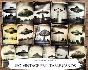 May include: A set of 15 vintage-style printable cards featuring black and white images of UFOs. The cards have a distressed, aged look and are perfect for adding a touch of retro sci-fi to your crafts.