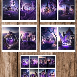 May include: A collage of nine images featuring a purple castle with a glowing heart, surrounded by lavender flowers and butterflies. The castle is inside a glass orb, with a moon and stars in the background. The images are arranged in a 3x3 grid.