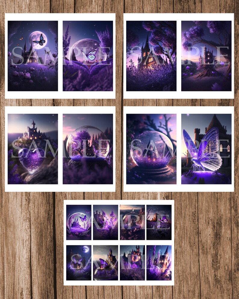 May include: A collage of nine images featuring a purple castle with a glowing heart, surrounded by lavender flowers and butterflies. The castle is inside a glass orb, with a moon and stars in the background. The images are arranged in a 3x3 grid.