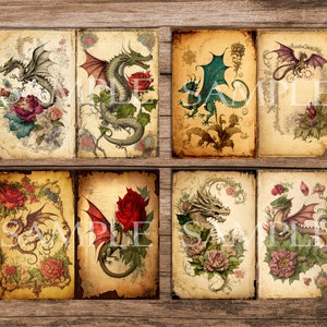 May include: Six vintage-style illustrations of dragons with floral designs. Each illustration features a dragon with wings and a tail, surrounded by flowers and leaves. The illustrations are in a muted color palette of greens, browns, and reds.