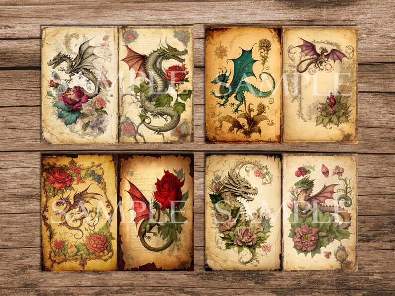 May include: Six vintage-style illustrations of dragons with floral designs. Each illustration features a dragon with wings and a tail, surrounded by flowers and leaves. The illustrations are in a muted color palette of greens, browns, and reds.