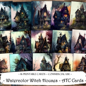 May include: A set of 16 printable cards featuring watercolor illustrations of witch houses. The cards are perfect for crafting, scrapbooking, or adding a touch of whimsy to your home decor. - 16 PRINTABLE CARDS - COMMERCIAL USE - Watercolor Witch Houses - ATC Cards -