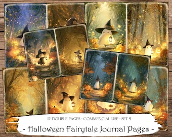 May include: A collection of 12 double-page spreads featuring whimsical Halloween fairytale journal pages. The illustrations depict ghosts, witches, and pumpkins in a forest setting with warm, inviting colors. The text reads "Halloween Fairytale Journal Pages."