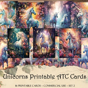 Cartes ATC Licornes, Carnet cartonné indésirable, Papier numérique, Cartes de journalisation imprimables, Téléchargement numérique, Scrapbooking, Ephémères, Écusson ATC