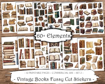 Vintage Books Fussy Cut Stickers: Junk Journal Ephemera (Digital Download)