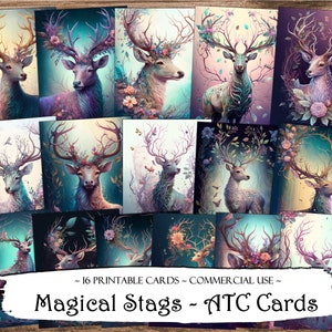 Cartes ATC imprimables Magical Stags, cartes de journal indésirable, papier numérique, cartes de journalisation imprimables, téléchargement numérique, scrapbooking, éphémères