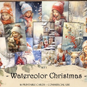 Watercolor Christmas ATC Cards, Printable Cards, Junk Journal Kit, Scrapbooking, Printable Ephemera, Scrapbook Supplies, Card Making, Craft