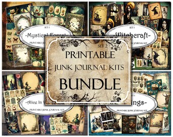 May include: A digital printable junk journal kit bundle with three sets: Mystical Forest, Witchcraft, and Alice in Wonderland. Each set features a variety of vintage-inspired images and illustrations.