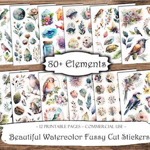 Bellissimi adesivi stampabili con taglio pignolo ad acquerello, effimeri stampabili del diario della spazzatura, kit del diario della spazzatura, forniture per album di ritagli, fogli di collage