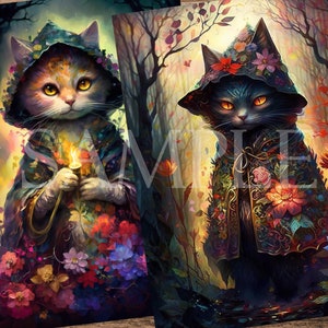 May include: Two cats wearing floral cloaks and hoods stand in a forest setting. The cat on the left is orange and white and holds a small torch. The cat on the right is black and has glowing yellow eyes.