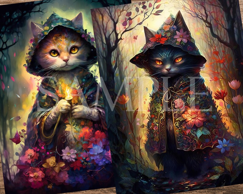 May include: Two cats wearing floral cloaks and hoods stand in a forest setting. The cat on the left is orange and white and holds a small torch. The cat on the right is black and has glowing yellow eyes.