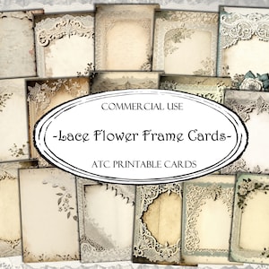 Cartões ATC com moldura de flor de renda, cartões de lixo eletrônico, papel digital, cartões de registro no diário para impressão, download digital, álbum de recortes, coisas efêmeras, cartões