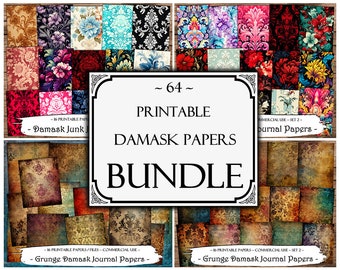 May include: A digital download bundle of 64 printable damask patterned papers. The bundle includes 16 damask junk journal papers and 32 grunge damask journal papers. The papers are perfect for scrapbooking, card making, and other crafting projects.