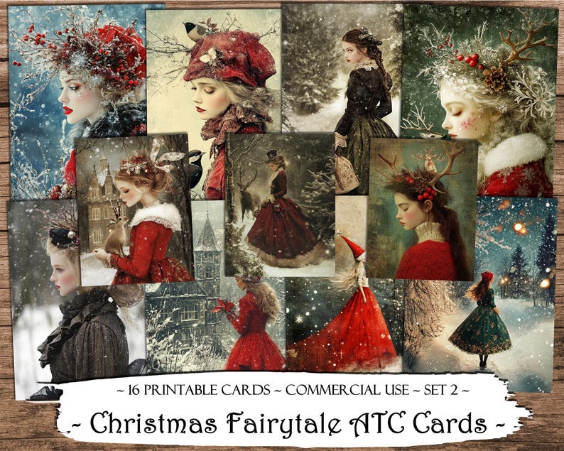Cartões ATC de contos de fadas de Natal: Colagem de itens efêmeros para impressão (download digital) imagem 1