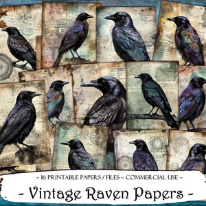 Papéis de diário Raven vintage, kit de diário de lixo, papéis digitais, scrapbooking, suprimentos de diário, papéis imprimíveis, suprimentos de scrapbook efêmeros