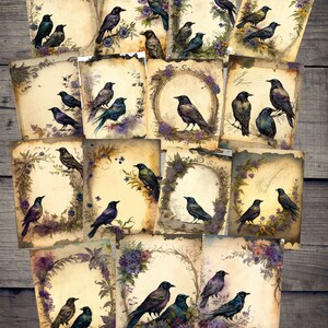 May include: A set of 16 vintage-style printable digital papers featuring black birds and floral wreaths. The papers have a distressed, aged look and are perfect for scrapbooking, card making, and other paper crafts.