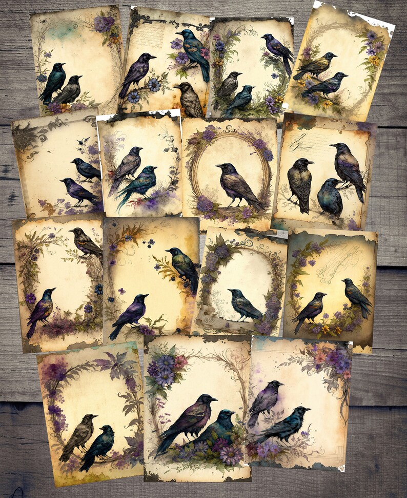 May include: A set of 16 vintage-style printable digital papers featuring black birds and floral wreaths. The papers have a distressed, aged look and are perfect for scrapbooking, card making, and other paper crafts.