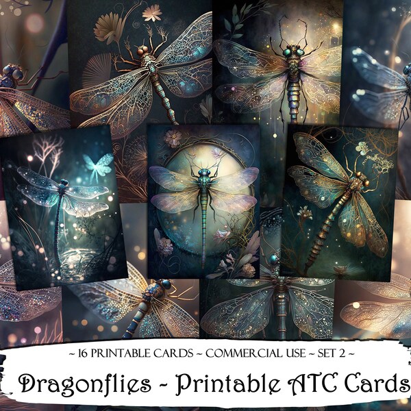 Dragonflies Printable ATC Cards, Junk Journal Cards, Digital Paper, Printable Journaling Cards, Digital Download, Scrapbooking, Ephemera