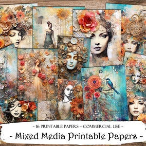 Papéis imprimíveis de mídia mista, kit de diário indesejado, papéis digitais, scrapbooking, fabricação de cartões, suprimentos para scrapbook, papéis imprimíveis, coisas efêmeras