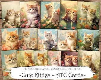 Cute Kitties ATC Cards, Junk Journal Cards, Carta digitale, Carte di journaling stampabili, Download digitale, Scrapbooking, Ephemera, Craft