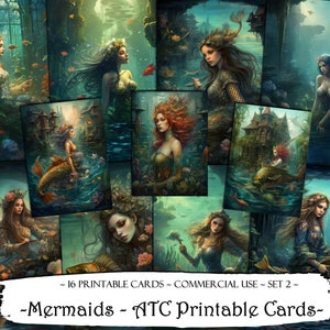 Cartes ATC sirènes, carnets cartonnés, papier numérique, carnets imprimables, téléchargement numérique, scrapbooking, éphémères, kit carnet de bordel