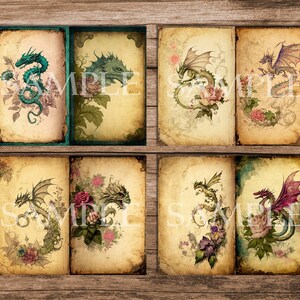 May include: Six vintage-style cards featuring illustrations of dragons with floral accents. The dragons are depicted in various poses and colors, including green, purple, and blue. The cards have a distressed, aged look and are perfect for scrapbooking or crafting.