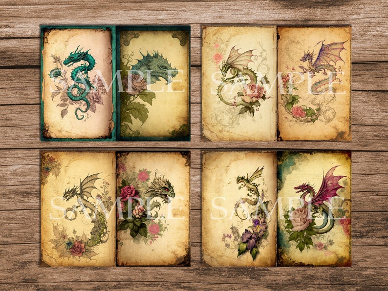 May include: Six vintage-style cards featuring illustrations of dragons with floral accents. The dragons are depicted in various poses and colors, including green, purple, and blue. The cards have a distressed, aged look and are perfect for scrapbooking or crafting.