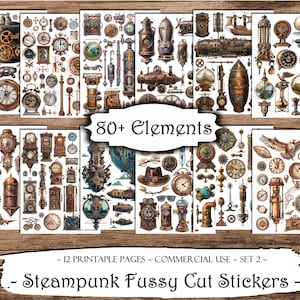 Steampunk pietluttig gesneden afdrukbare stickers, junkjournal afdrukbare efemere verschijnselen, junkjournal kit, plakboekbenodigdheden, collagevellen, papierkunst