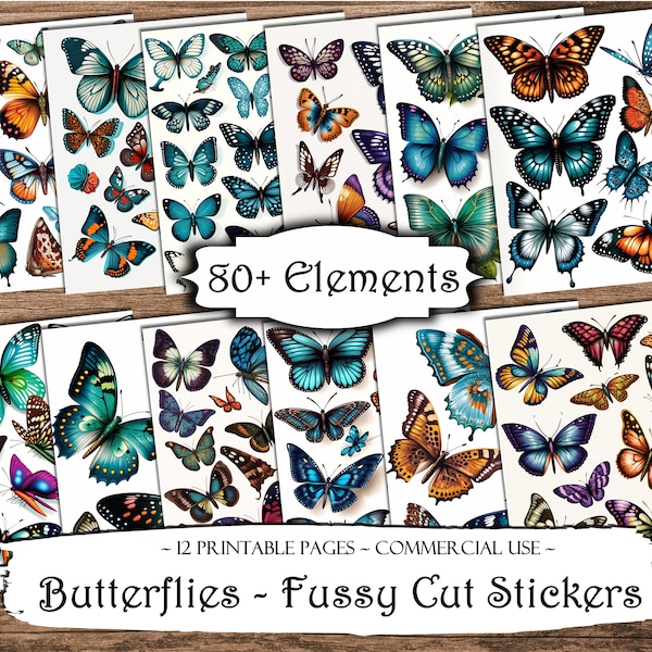 Butterflies Fussy Cut Printable Stickers, Junk Journal Printable Ephemera, Junk Journal Kit, Scrapbook Supplies, Collage Sheets, Craft