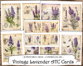 May include: Vintage style printable ATC cards featuring lavender flowers and butterflies on a background of old paper with handwritten text.  There are 16 cards in total.