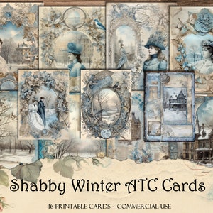 Carte ATC invernali squallide, carte stampabili, kit diario spazzatura, scrapbooking, oggetti effimeri stampabili, forniture per album di ritagli, creazione di carte, artigianato con la carta