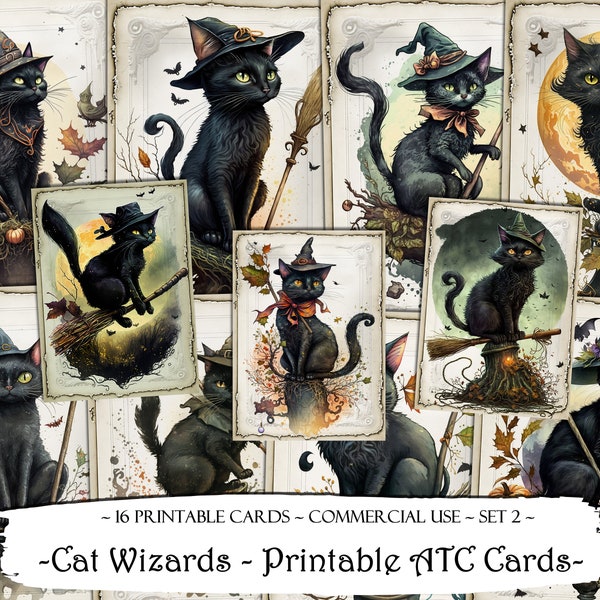 Cat Wizards Printable ATC Cards, Junk Journal Cards, Digital Paper, Printable Journaling Cards, Digital Download, Scrapbooking, Ephemera