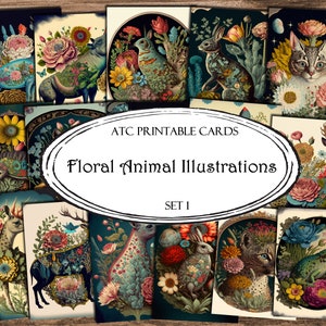 Cartes d'illustrations d'animaux floraux, cartes de journal indésirable, papier numérique, cartes de journalisation imprimables, téléchargement numérique, scrapbooking, éphémères