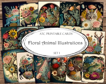 Floral Animal Illustration Cards: Printable Junk Journal Ephemera (Digital Download)