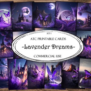 May include: A set of 12 printable ATC cards featuring a whimsical lavender castle, butterflies, and a moonlit sky. The cards are perfect for crafting and scrapbooking.