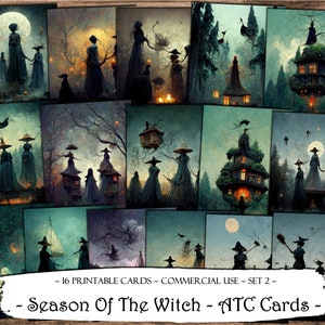 May include: A set of 16 printable digital cards featuring illustrations of witches in a dark forest setting. The cards are perfect for crafting, scrapbooking, and other creative projects.  ~ 16 PRINTABLE CARDS - COMMERCIAL USE - SET 2~ - Season Of The Witch - ATC Cards -