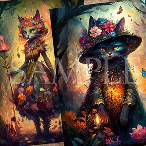 May include: Two fantasy illustrations of cats dressed in floral attire. The first cat is wearing a dress made of flowers and holding a glowing flower. The second cat is wearing a hat and cloak with floral accents and holding a lantern.