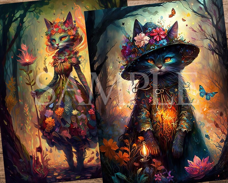 May include: Two fantasy illustrations of cats dressed in floral attire. The first cat is wearing a dress made of flowers and holding a glowing flower. The second cat is wearing a hat and cloak with floral accents and holding a lantern.