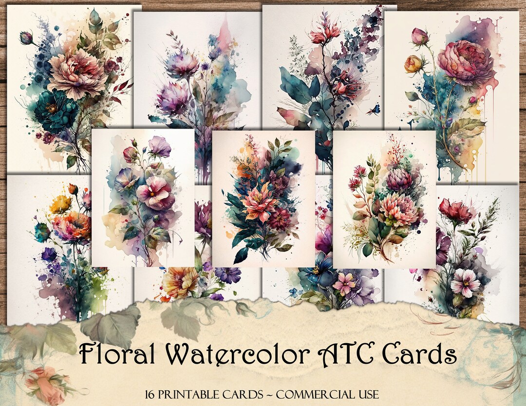 Floral Watercolor Printable ATC Cards, Junk Journal Kit, Scrapbooking ...