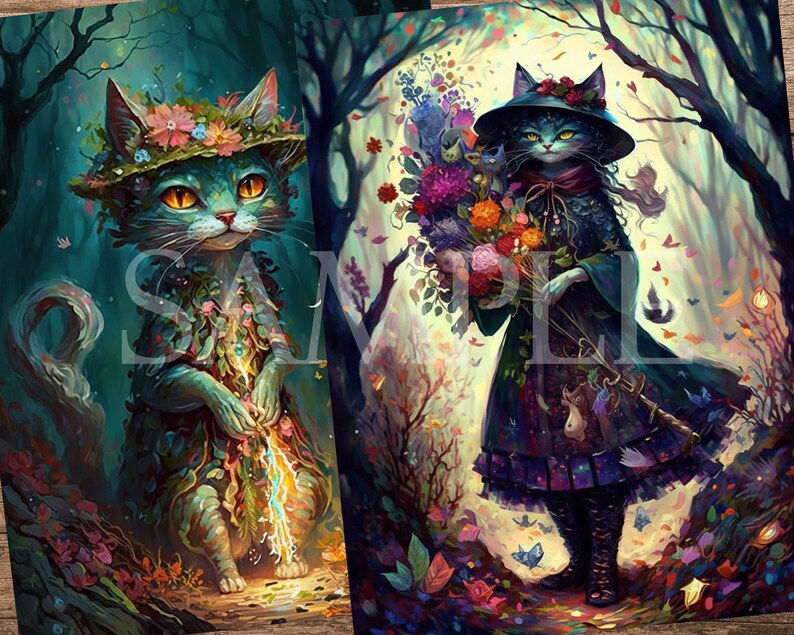 May include: Two whimsical illustrations of cats in a forest setting. The first cat is green and has a flower crown and is holding a glowing stick. The second cat is black and wearing a witch's hat and holding a bouquet of flowers.