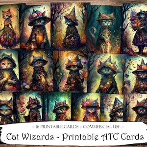 May include: A set of 16 printable cards featuring whimsical illustrations of cats dressed as wizards. Each card depicts a cat with a unique hat, outfit, and magical elements, set against a backdrop of autumnal forest scenery. The cards are perfect for fans of fantasy and feline art.
