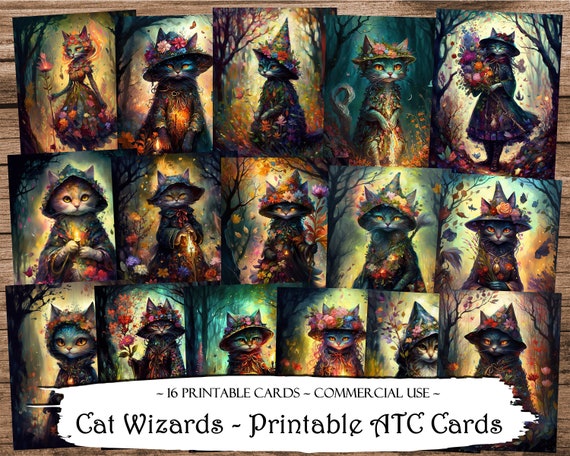 Cat Wizards Printable ATC Cards: Junk Journal Ephemera (Digital Download)