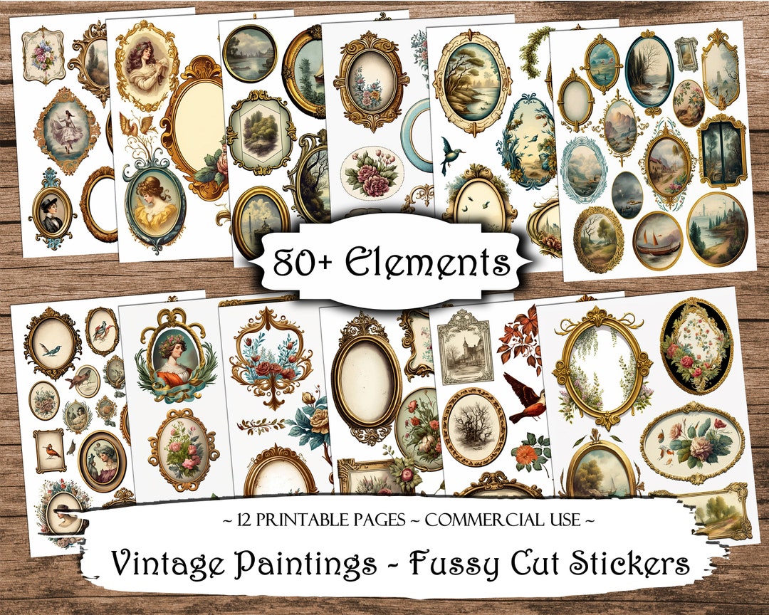 Vintage Paintings Fussy Cut Printable Stickers, Junk Journal Printable ...
