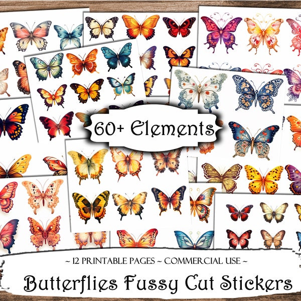 Butterflies Fussy Cut Printable Stickers, Junk Journal Printable Ephemera, Junk Journal Kit, Scrapbook Supplies, Collage Sheets, Craft