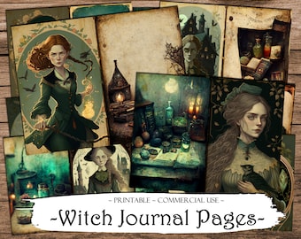 May include: A digital collage of images featuring witches, potions, and magical objects. The images are in a vintage style with a dark green and brown color scheme. The text "Witch Journal Pages" is printed at the bottom of the collage.