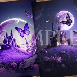 May include: A purple and blue fantasy illustration of a castle on a hill with a large moon and butterflies. The castle is surrounded by purple flowers and grass. The moon is a pale pink color and has a purple butterfly flying in front of it.