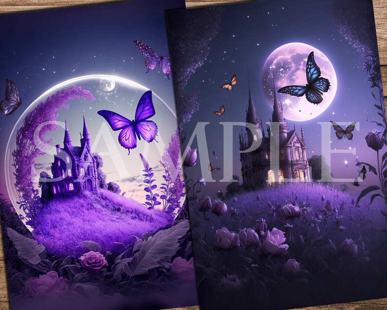 May include: A purple and blue fantasy illustration of a castle on a hill with a large moon and butterflies. The castle is surrounded by purple flowers and grass. The moon is a pale pink color and has a purple butterfly flying in front of it.