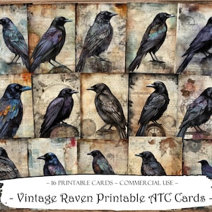 Cartões Raven ATC vintage, kit de diário indesejado, papel digital, cartões de registro no diário para impressão, patch ATC, álbum de recortes, coisas efêmeras, cartões para impressão