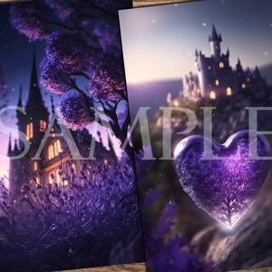 May include: A purple heart-shaped crystal with a small tree inside, surrounded by purple flowers and a distant castle in the background.