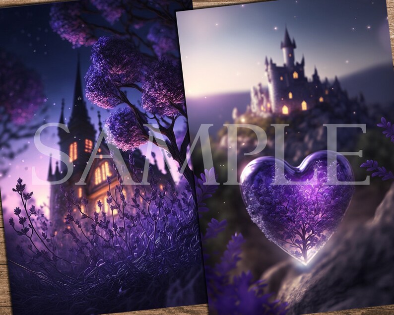 May include: A purple heart-shaped crystal with a small tree inside, surrounded by purple flowers and a distant castle in the background.